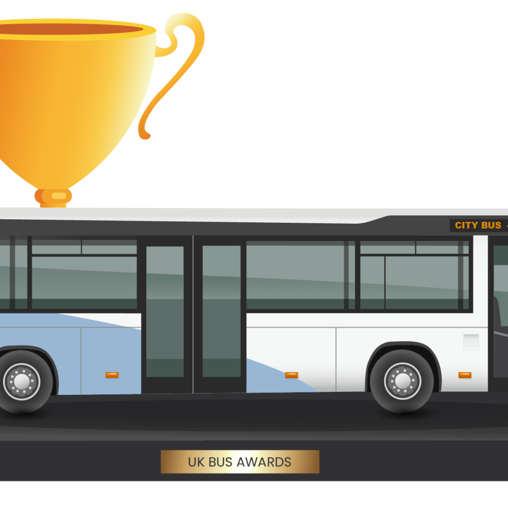 Illustration of a bus with a trophee on the background.