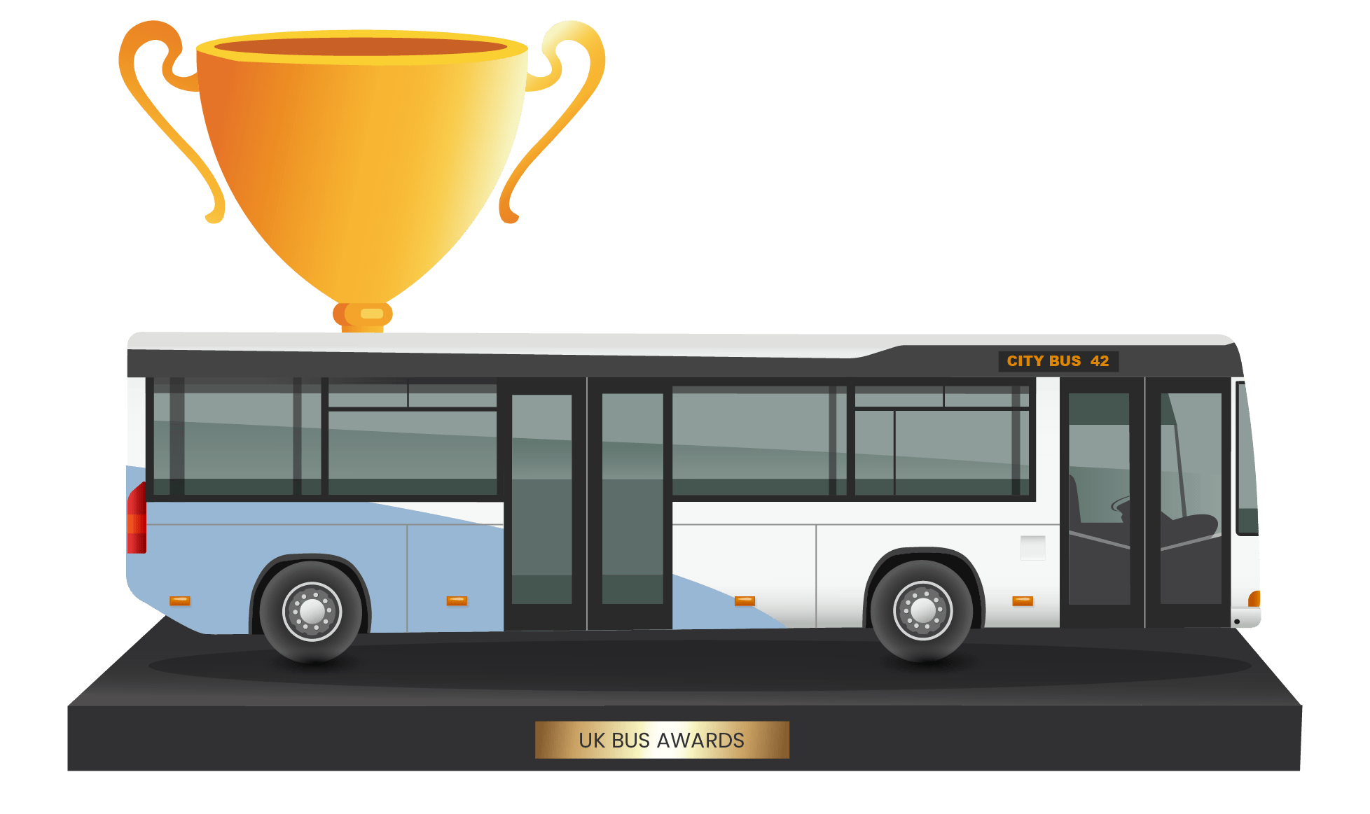 Illustration of a bus with a trophee on the background.