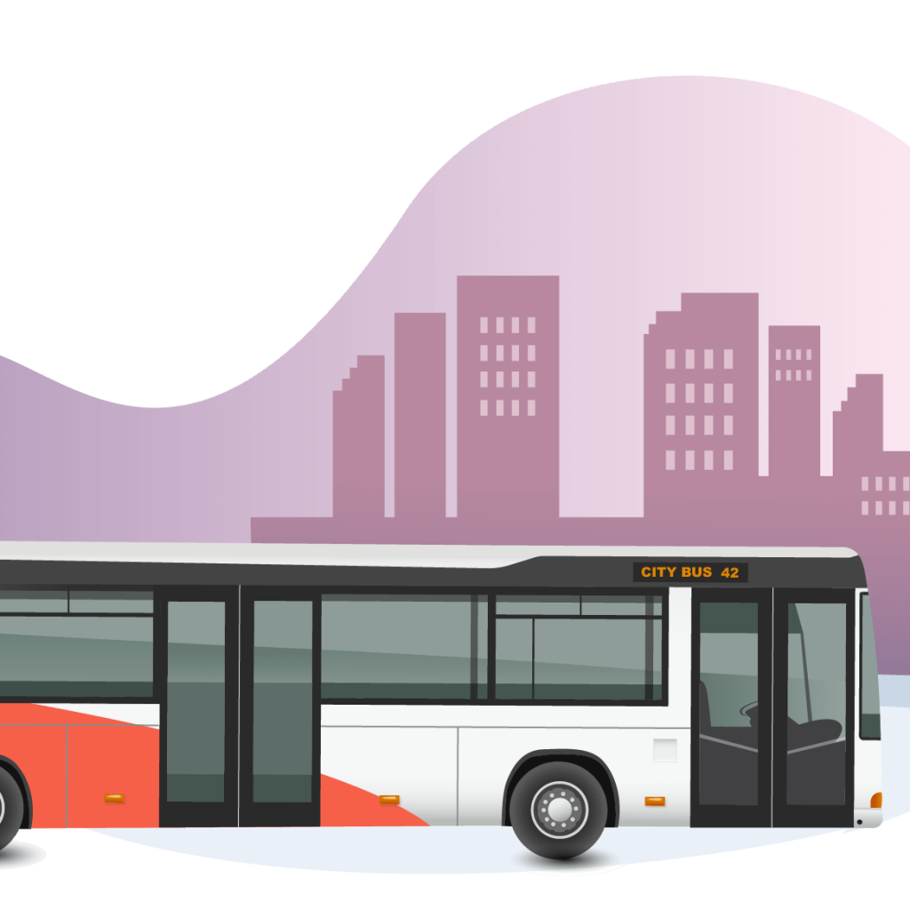 Illustration of a bus with a city on the background.