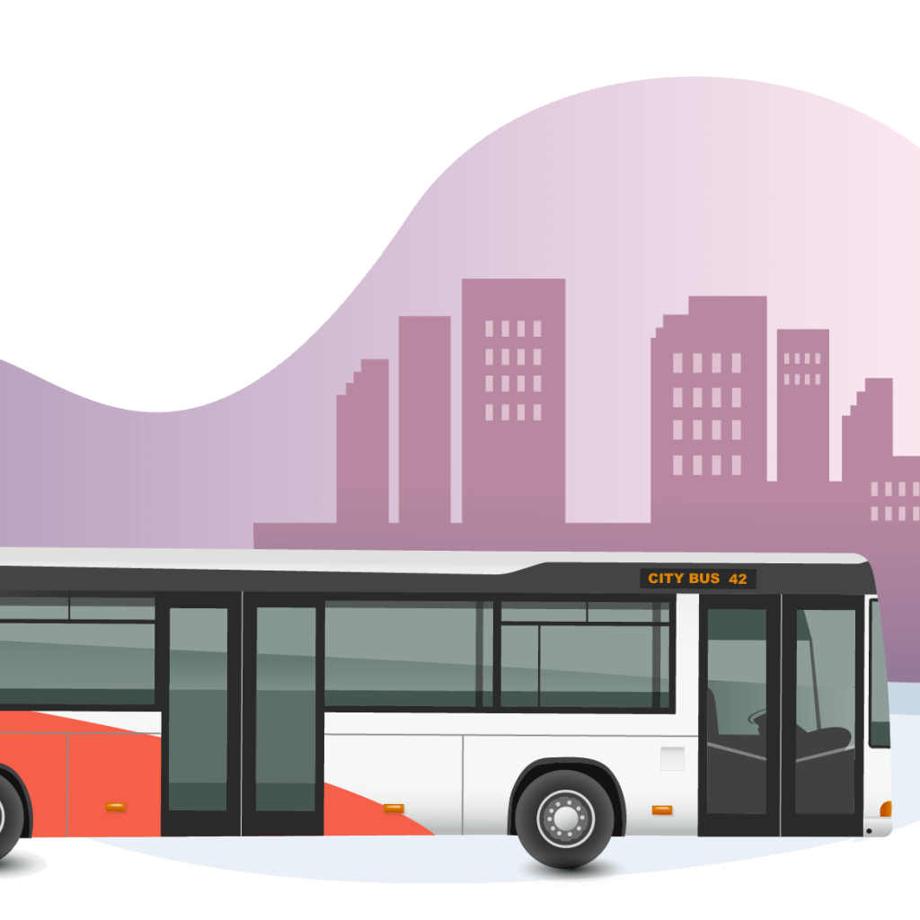 Cityx Expo 9 Illustration of a bus with a city on the background.