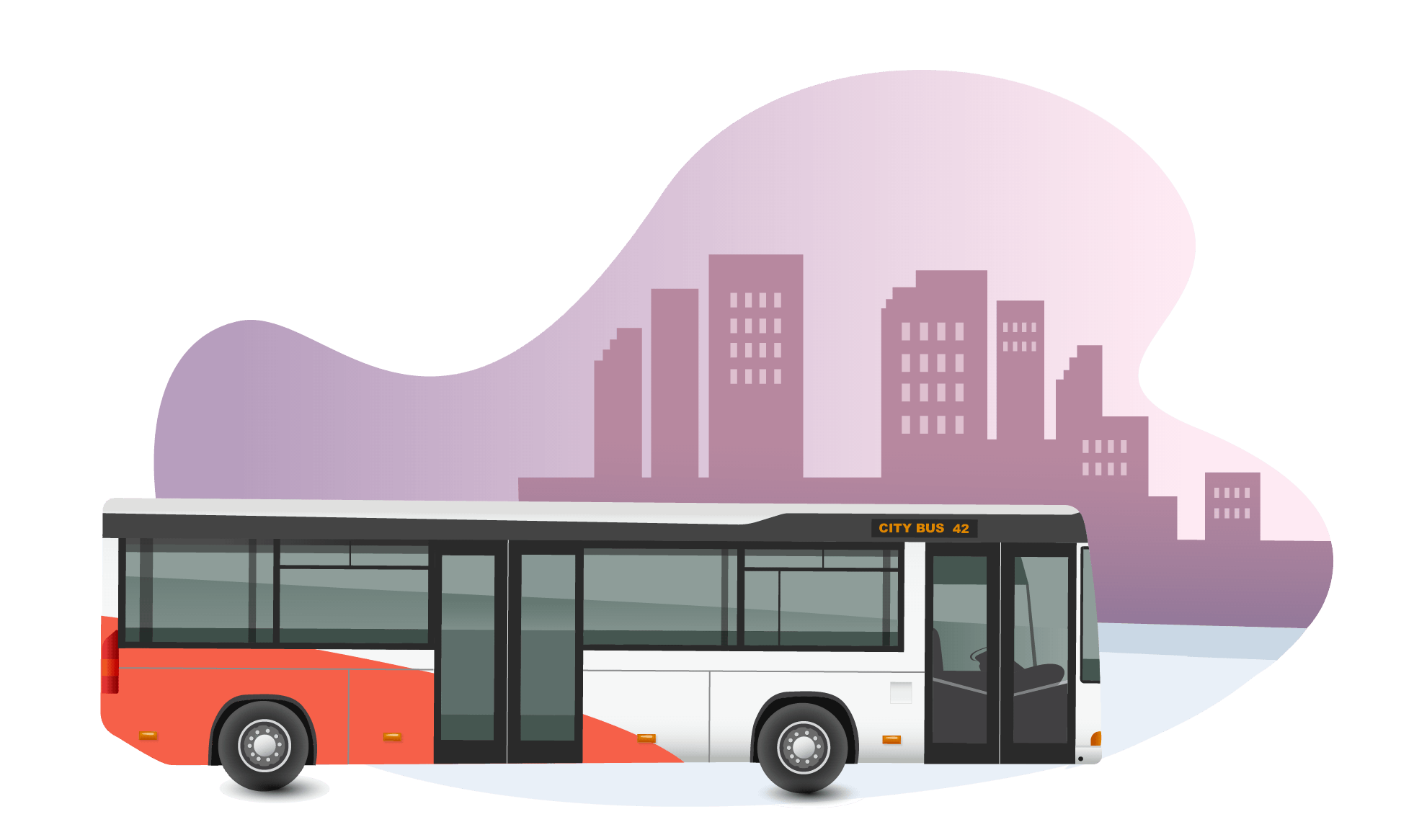 Illustration of a bus with a city on the background.