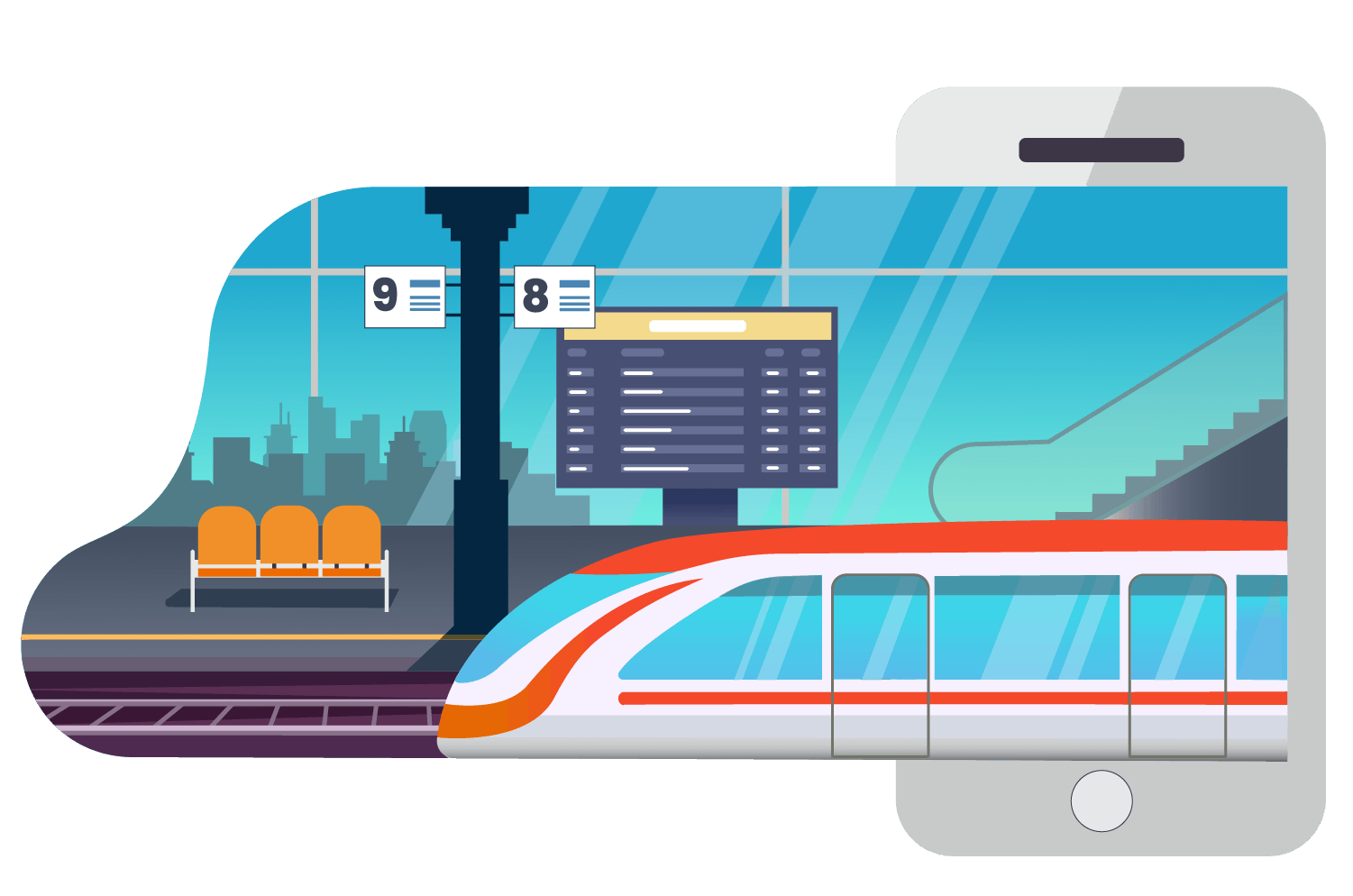 Illustration of a train arriving at the station.