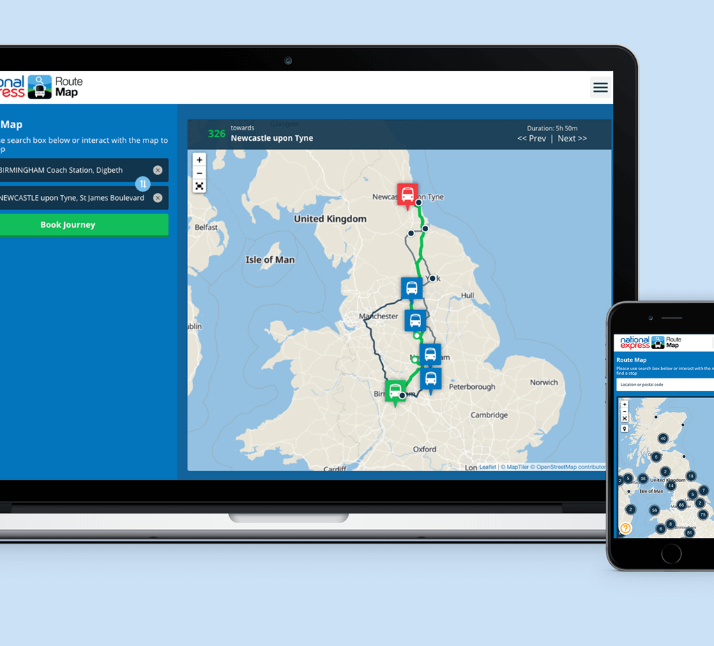 Mockup of a laptop displaying National Express routes and the mobile version on the right of the laptop.
