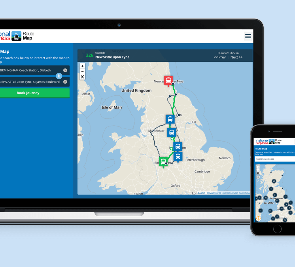 New! National Express product - Route Map 6 Mockup of a laptop displaying National Express routes and the mobile version on the right of the laptop.