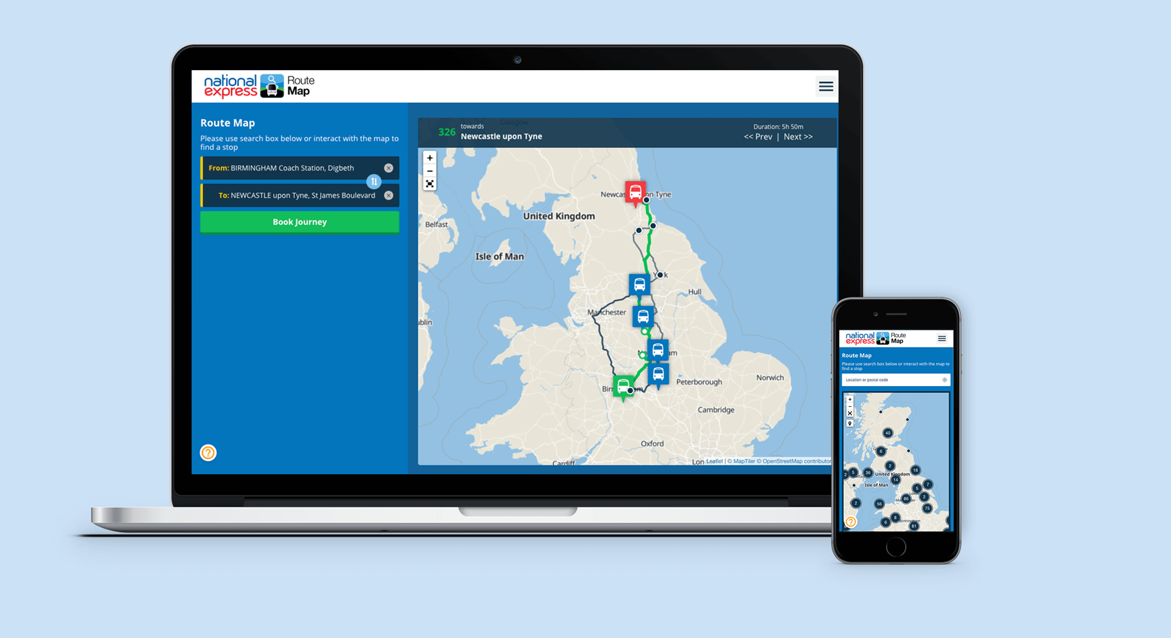Mockup of a laptop displaying National Express routes and the mobile version on the right of the laptop.