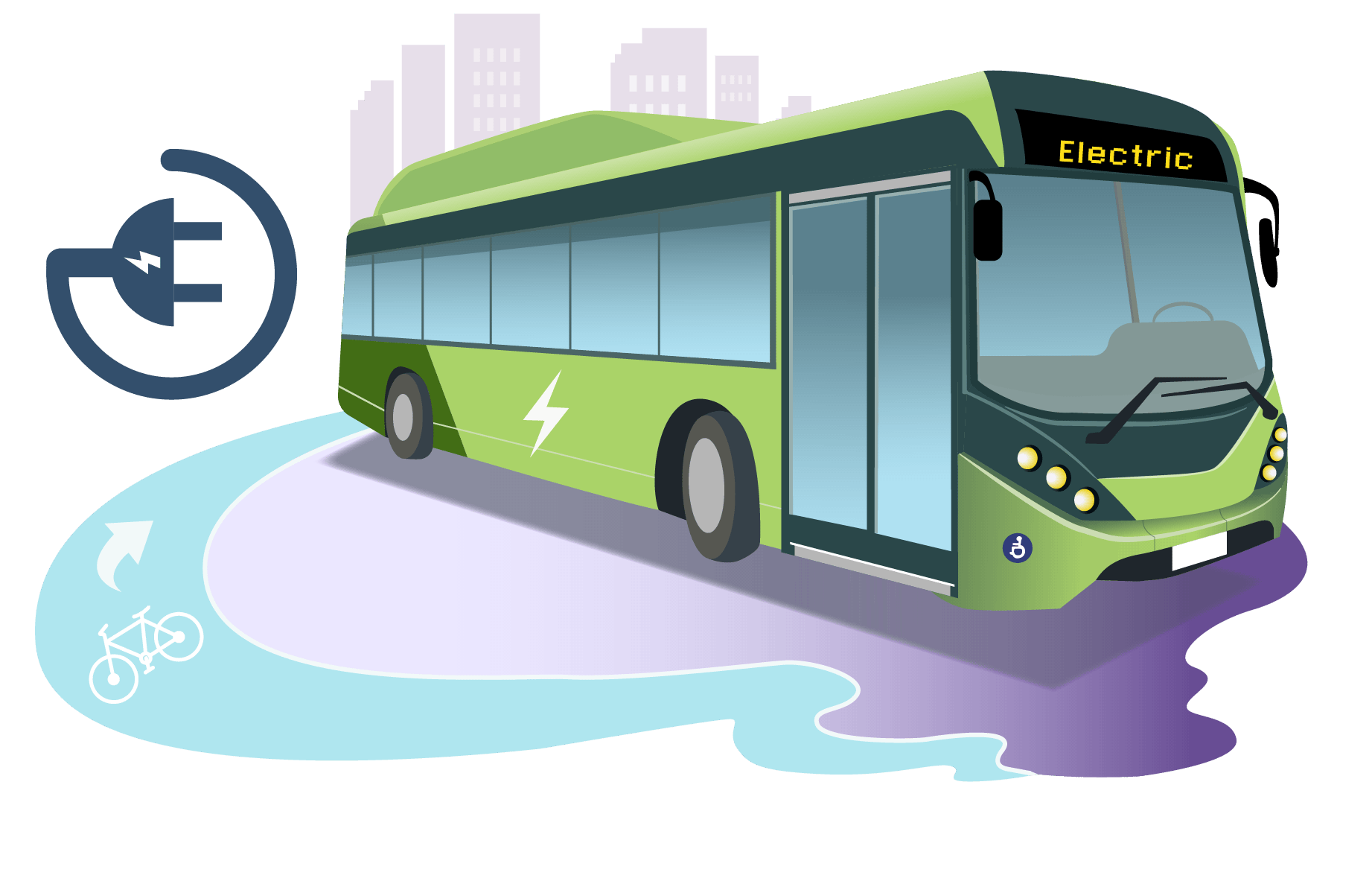 Illustration of a green electric bus with city on the back and a plug on the side.