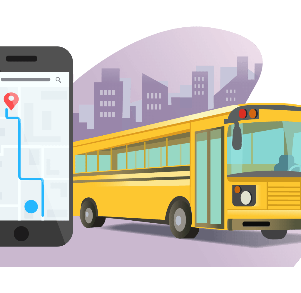 Case Study: First Student and the FirstView app suite 5 Illustration of a yellow school bus, a mobile on the left with route indication and city on the background.