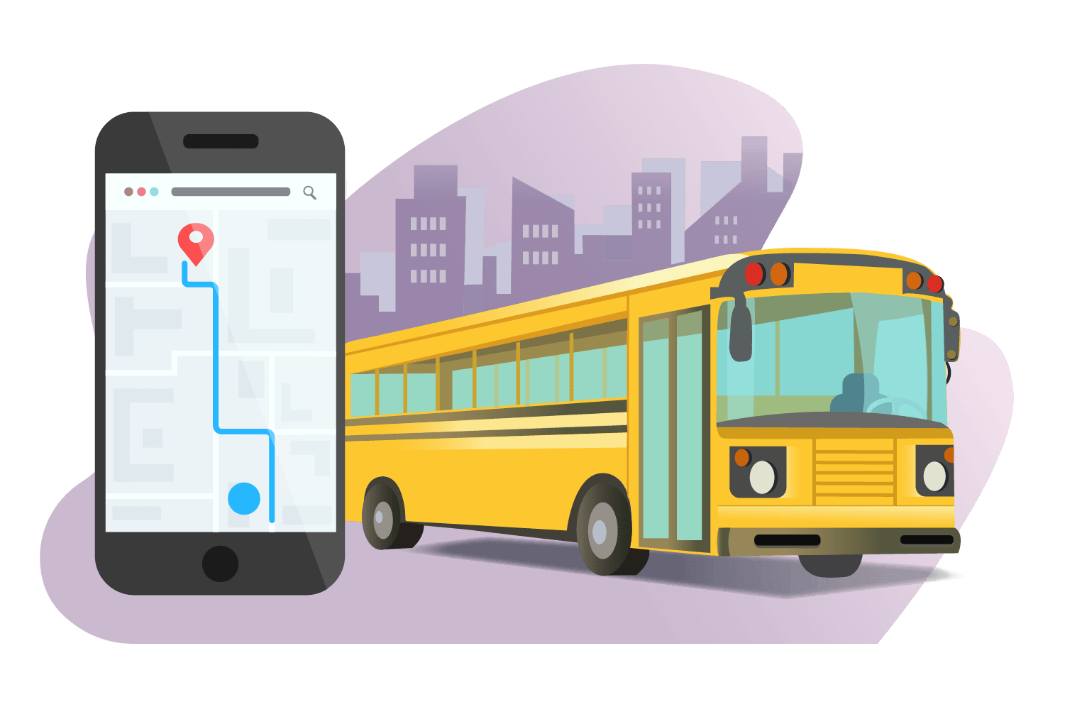 Illustration of a yellow school bus, a mobile on the left with route indication and city on the background.