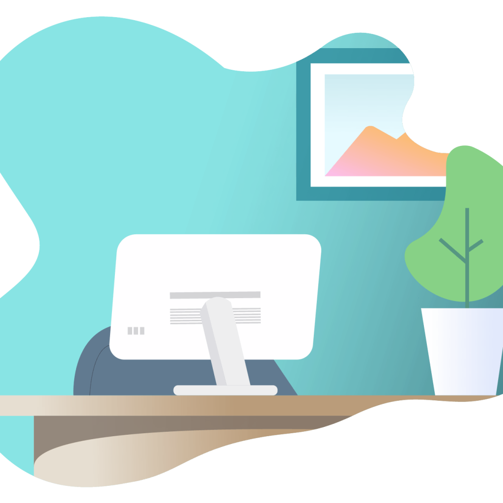 Remote Working Life at uTrack 10 Illustration of a home desk with plant on the side and frame on the wall.