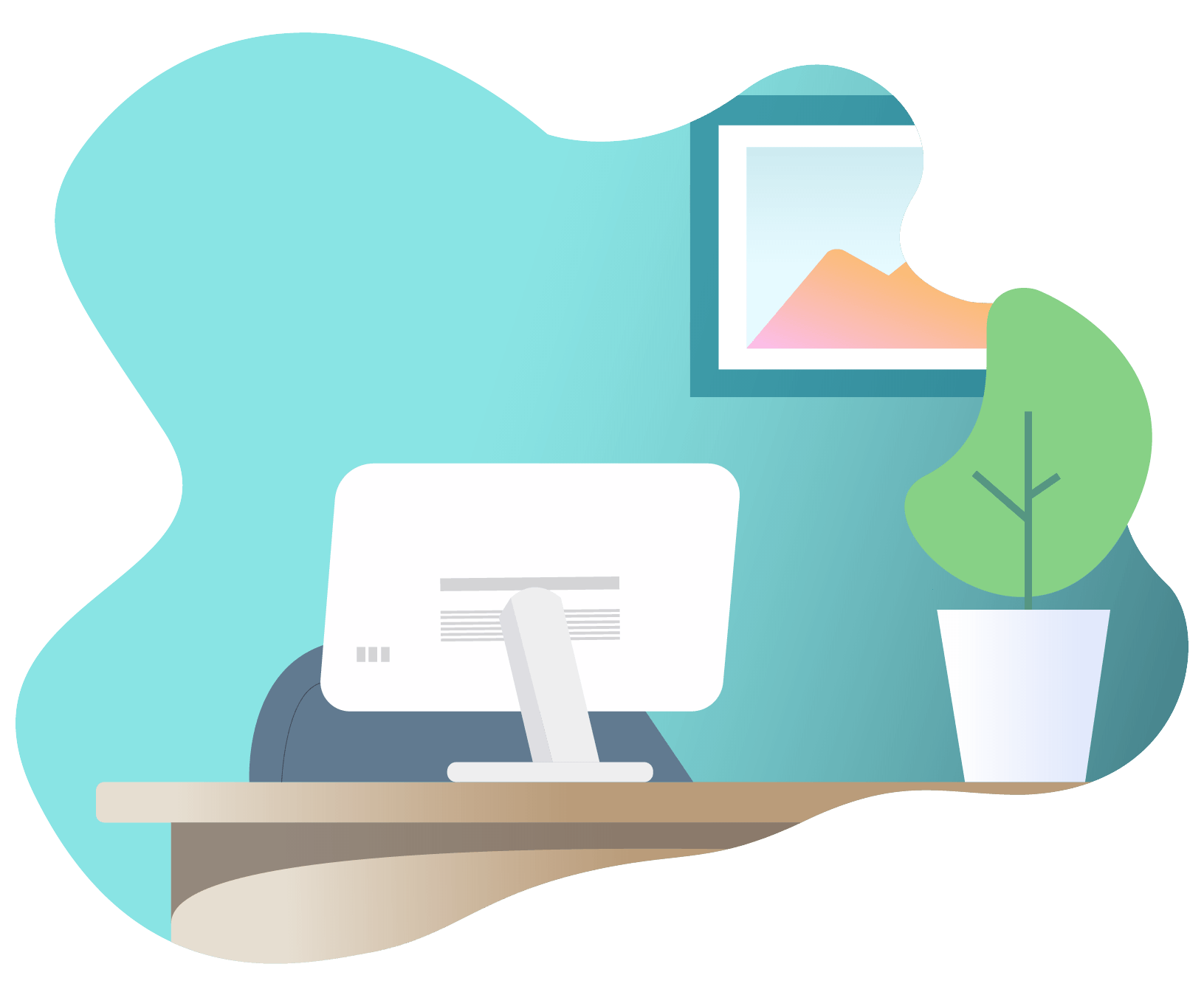 Illustration of a home desk with plant on the side and frame on the wall.