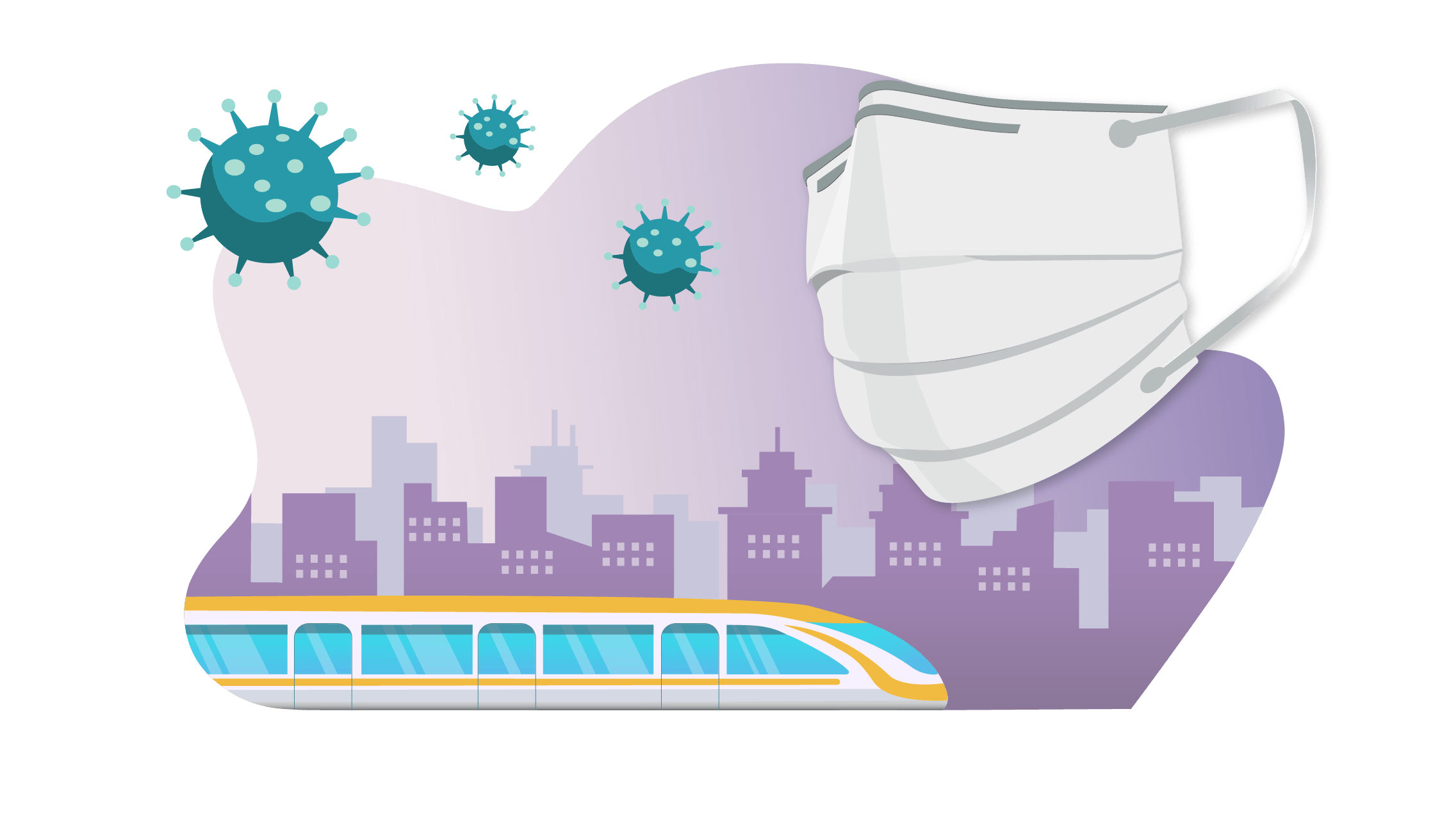 Illustration of a train with city on the background, virus c19 floating in the air and a mask on the side.