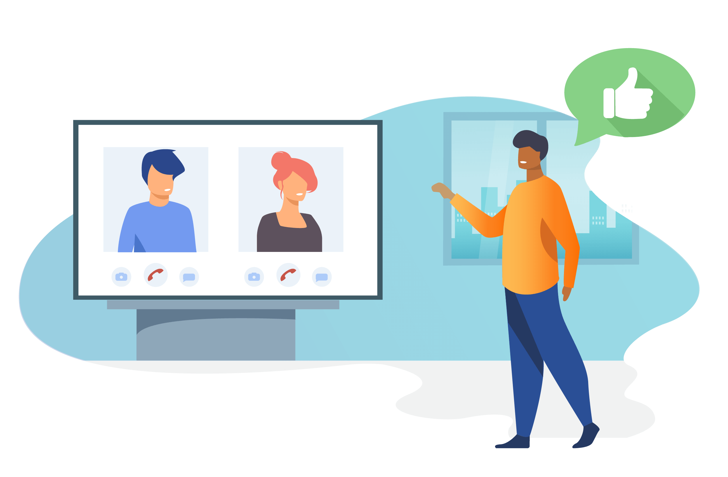 Illustration of a man talking to a big screen with two people on a zoom call.