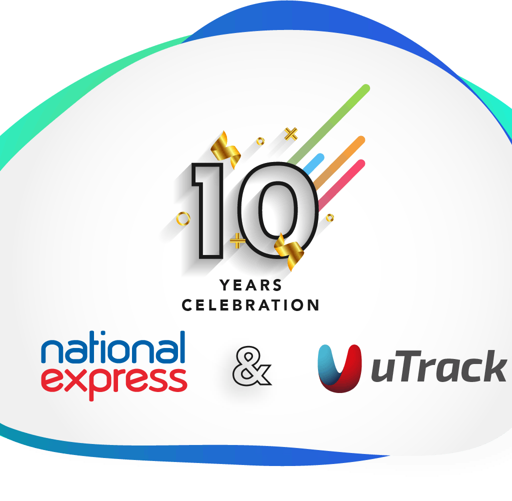 Illustration displaying national express and uTrack logos side by side with the number 10 above the logos.