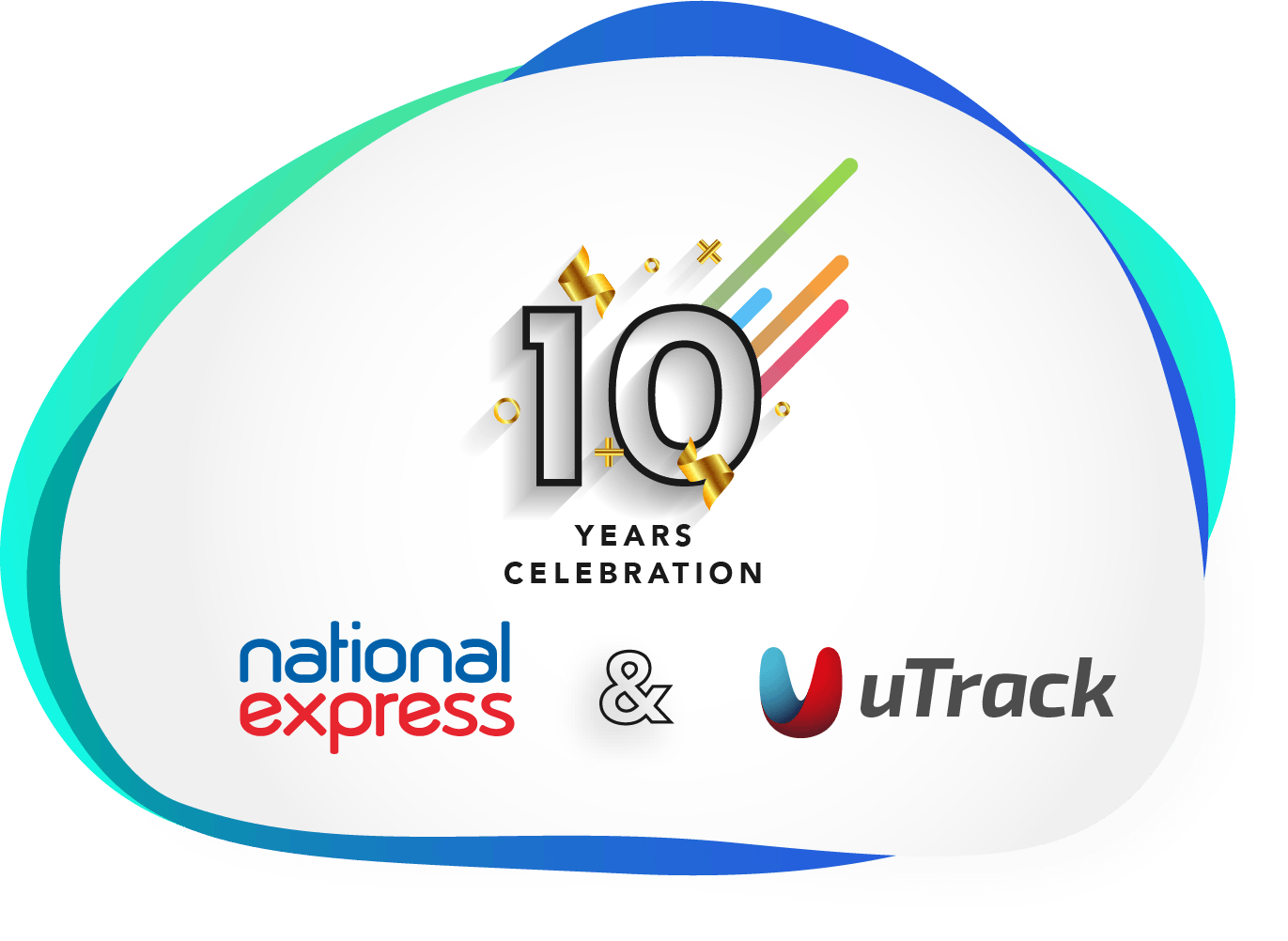 Illustration displaying national express and uTrack logos side by side with the number 10 above the logos.
