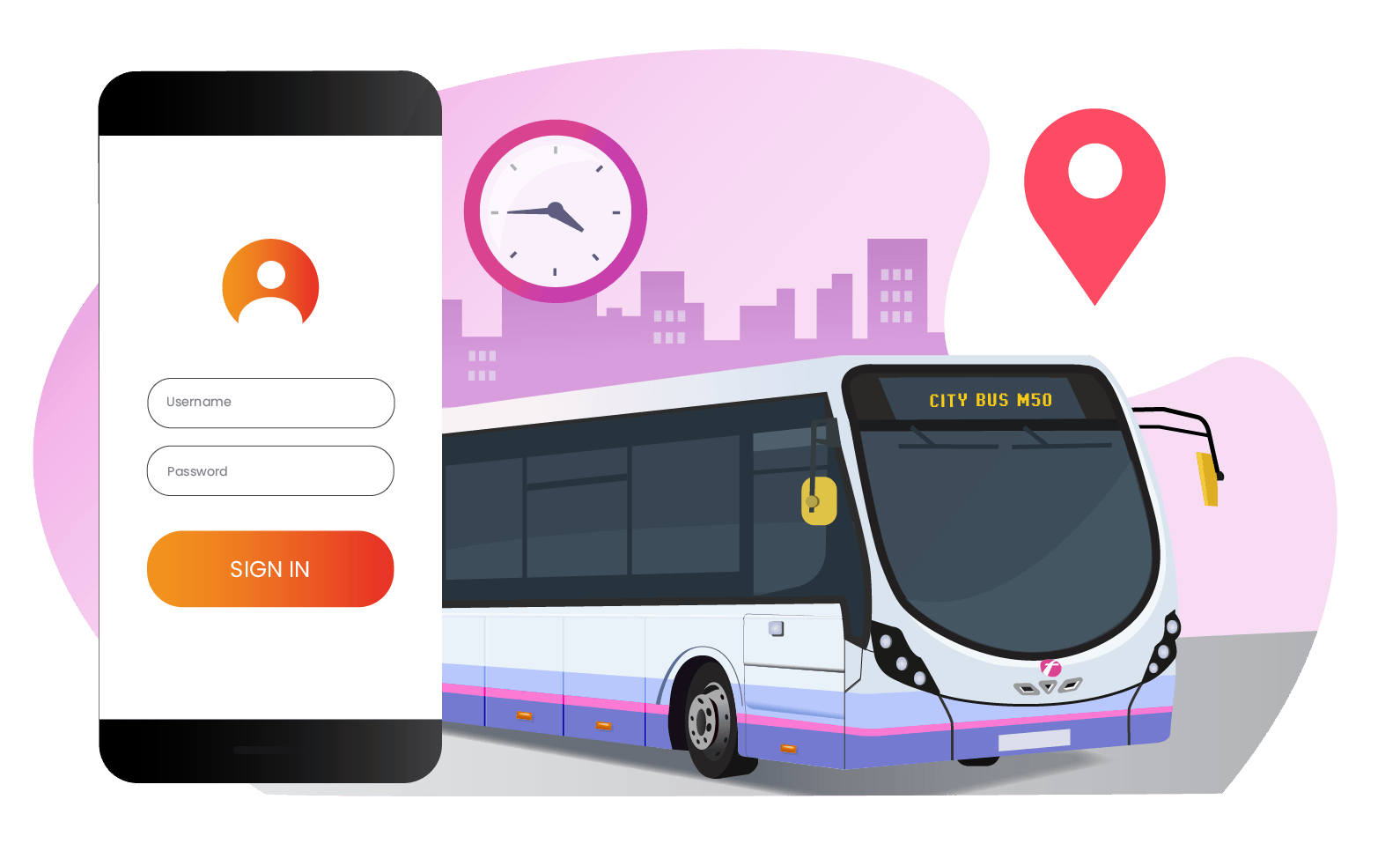 Illustration of a bus with a login screen on the side and city on the background, with clock above the bus.