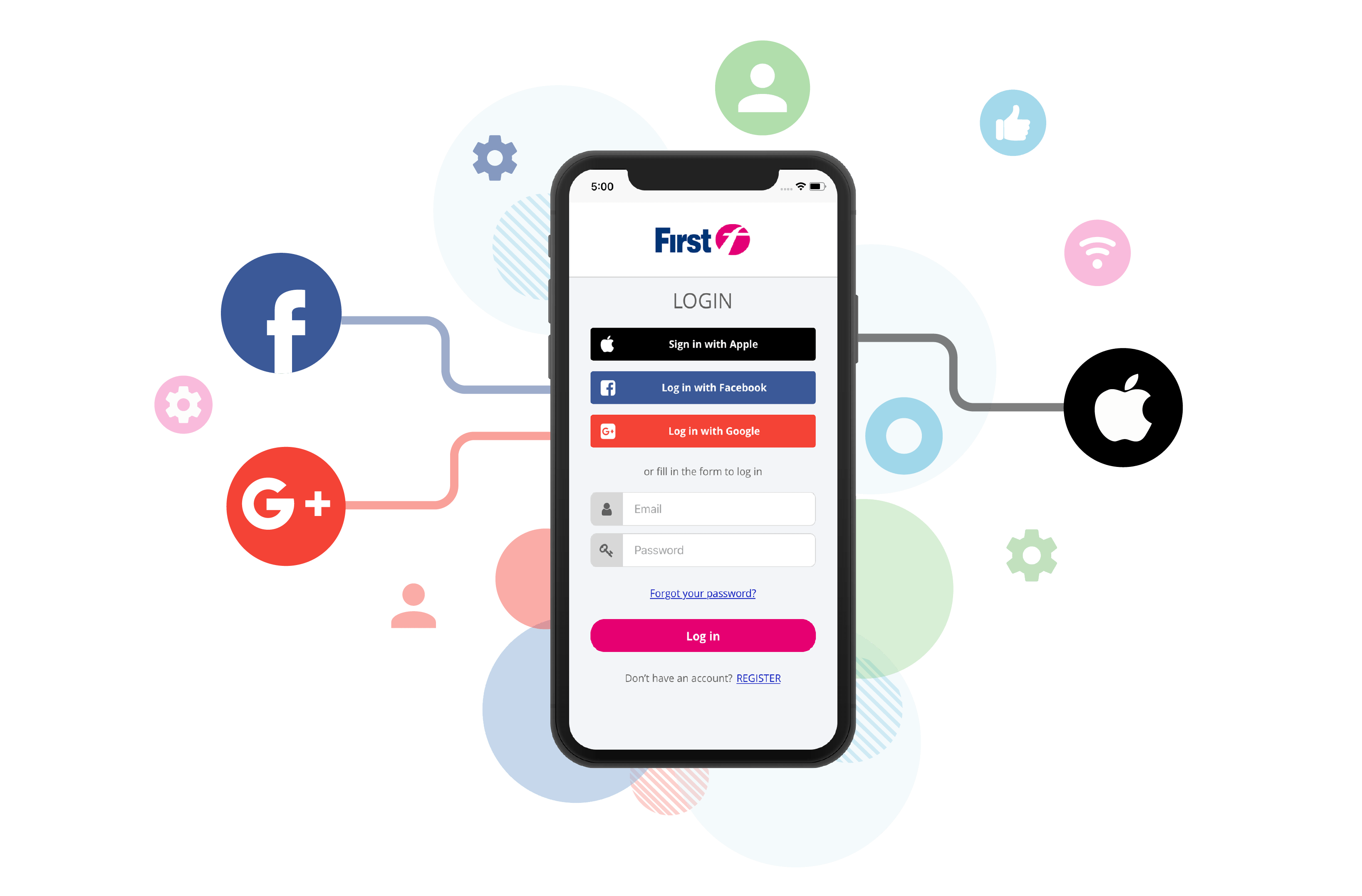 Mockup of a login screen on a mobile with icons surrounding it.