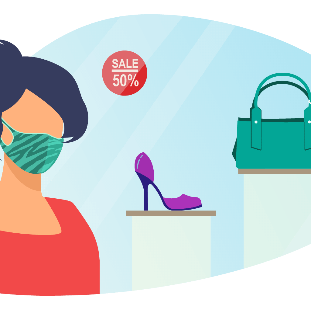 Illustration of a woman wearing a green mask looking at a shop window displaying a green bag and shoes.