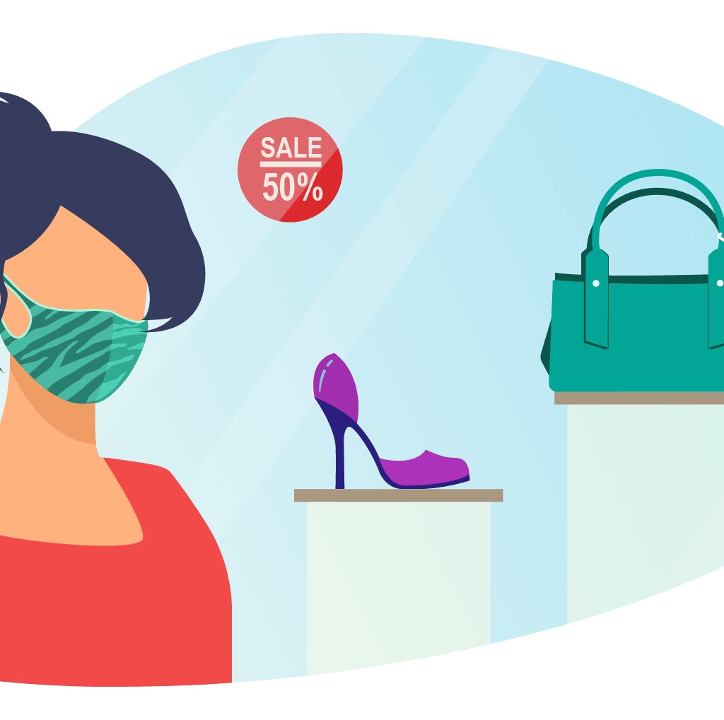 The rise of the face covering in all of its guises 6 Illustration of a woman wearing a green mask looking at a shop window displaying a green bag and shoes.