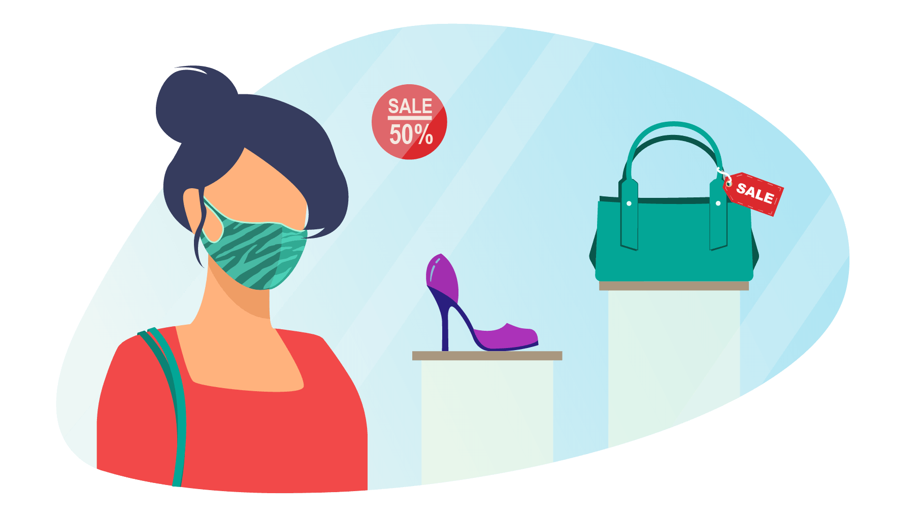 Illustration of a woman wearing a green mask looking at a shop window displaying a green bag and shoes.