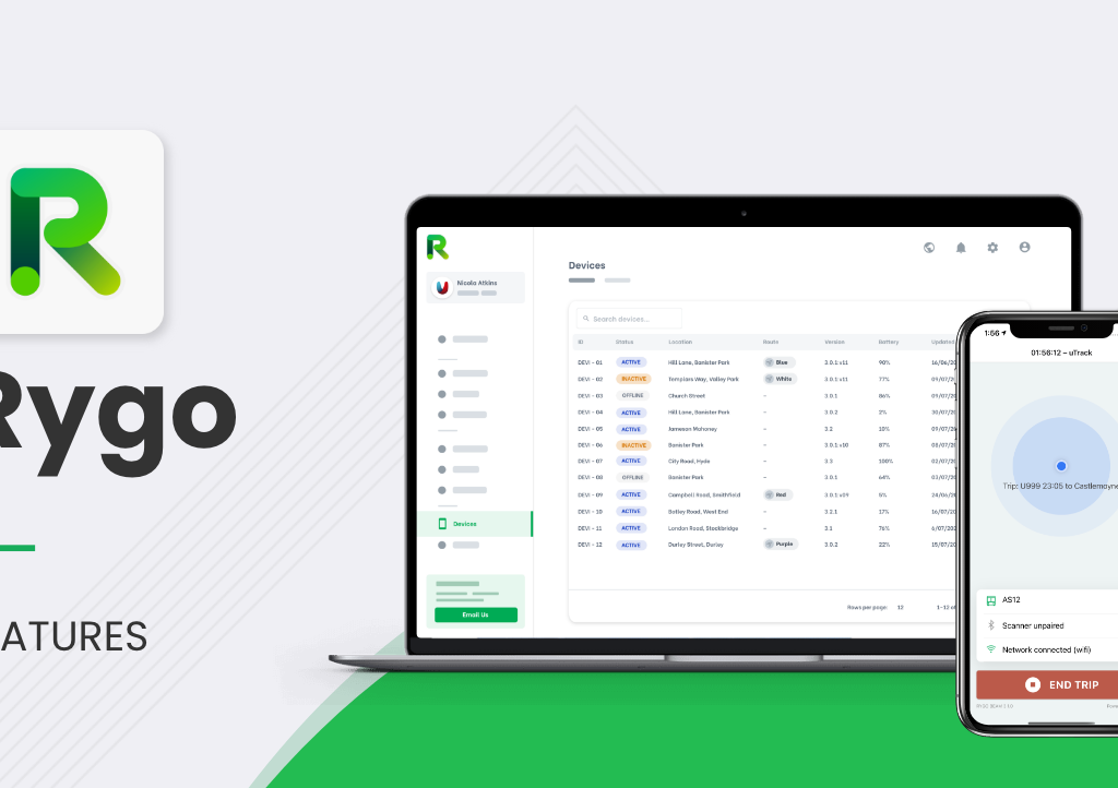 Utilise school bus technology and transform your service instantly 4 Computer mockup of the RYGO product that showcase all Devices information and details with status if the device is active or offline, also the Mobile app that connect to the system that help track the Bus