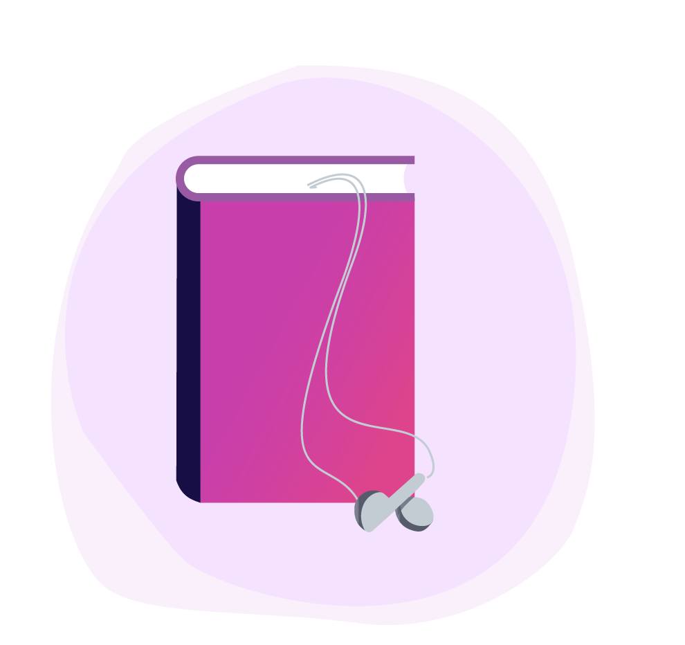 Illustration of a book with small headphones