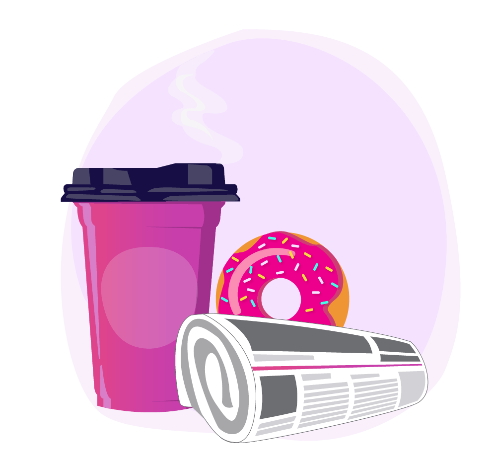Illustration of a cup of coffee, donut and newspapers.