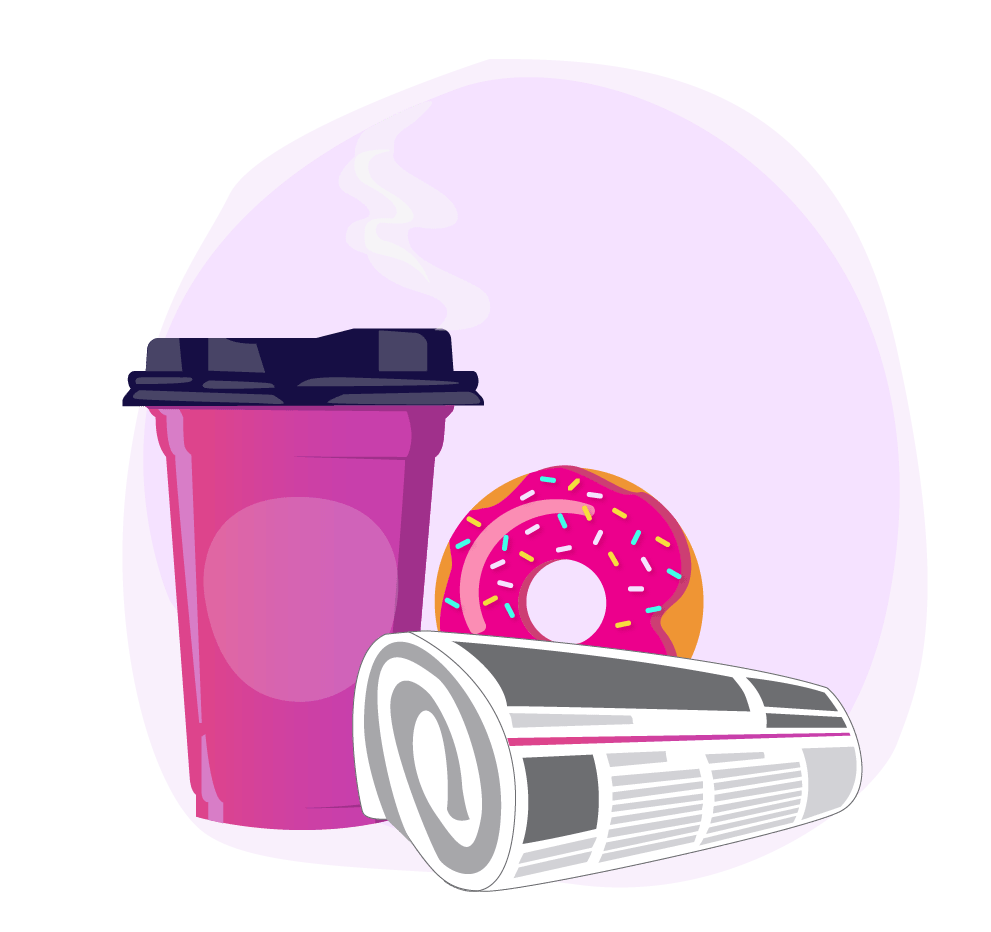 5 Ways to make the most of Your Commute 4 Illustration of a cup of coffee, donut and newspapers.